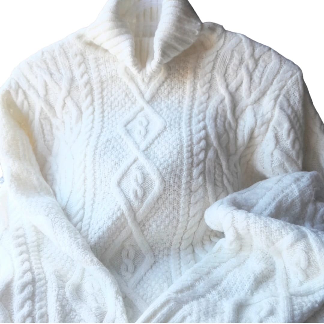 Unisex White High-Neck Cable Knit Sweater - Image 2
