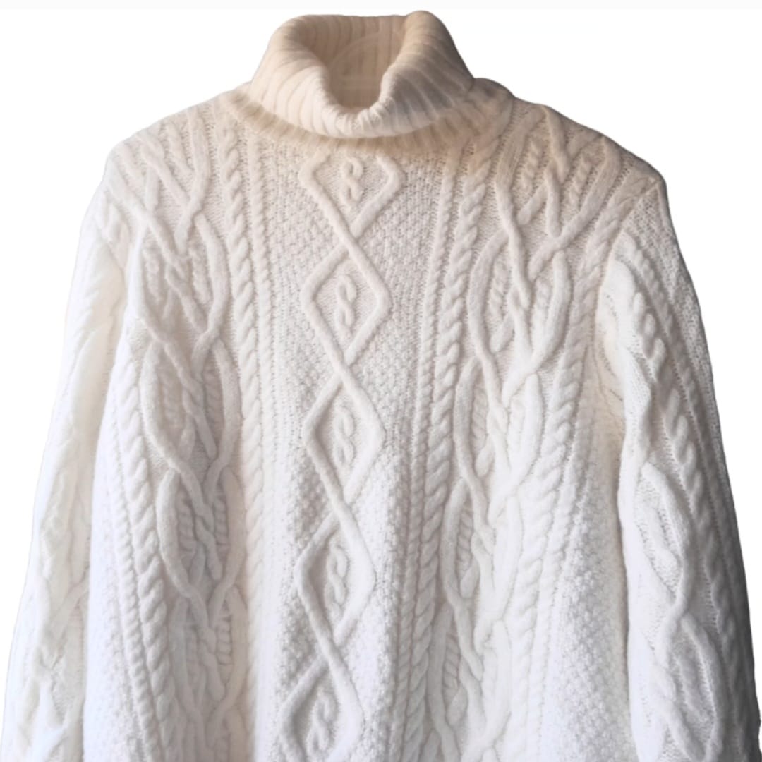 Unisex White Cable Knit High-Neck Sweater Taaraz