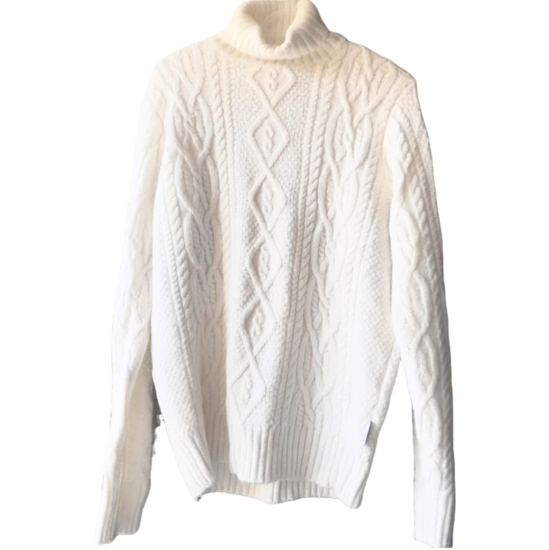 Unisex White High-Neck Cable Knit Sweater - Image 3