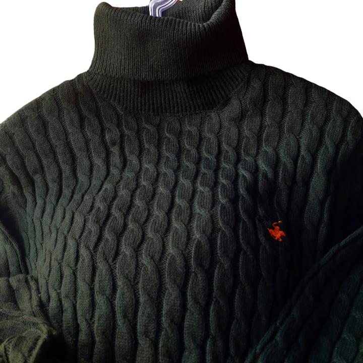 Unisex Deep green Cable Knit High-Neck Sweater - Image 2