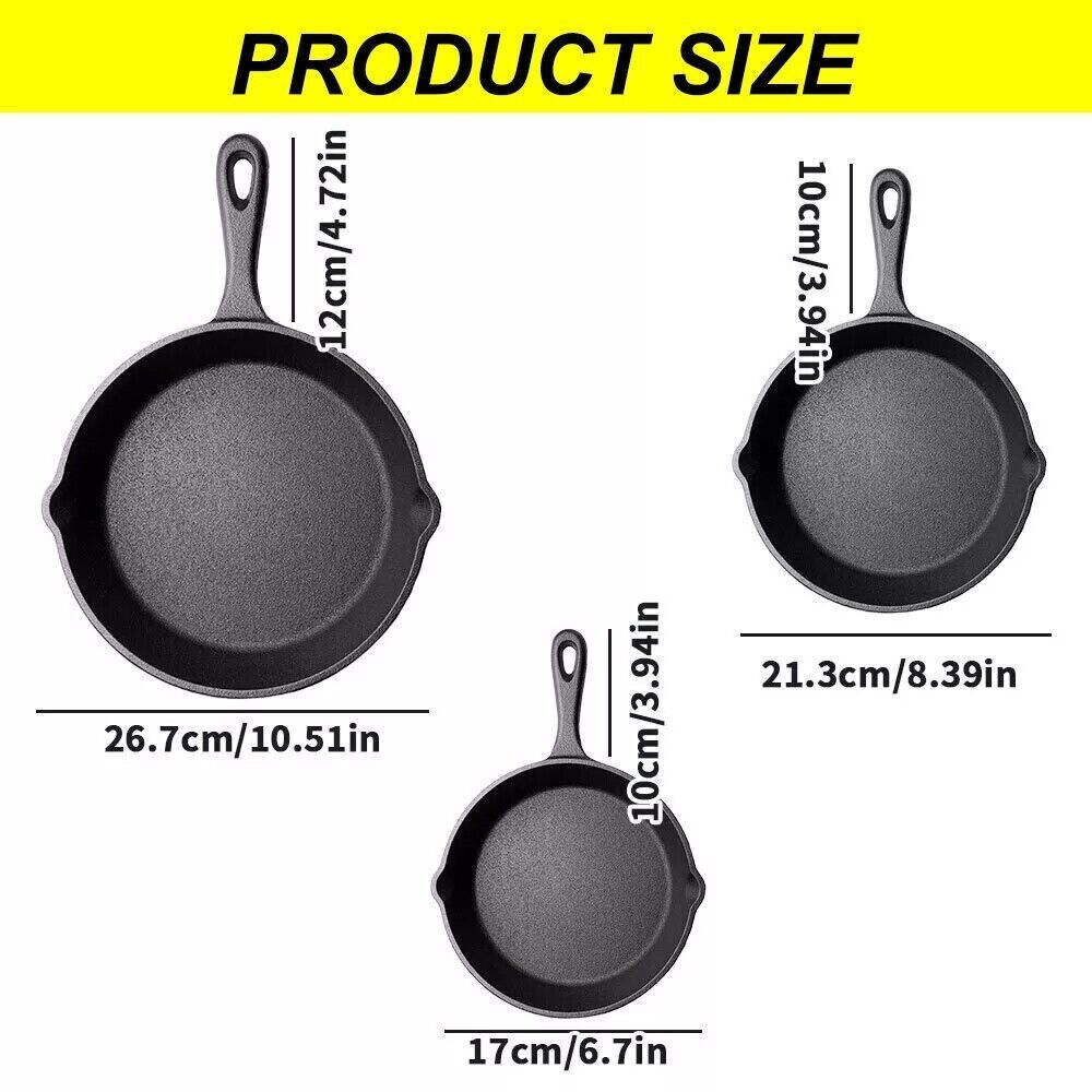 Set Of 3 Cast Iron Non Stick Skillet Griddle Cooking Pan( Pre-Seasoned Frying Pan) - Image 2